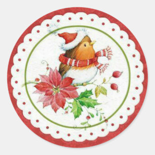 Sticker Rond Cute Little Birdie Portant le Casquette de Noël & 