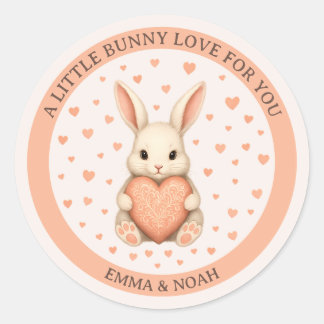 Sticker Rond Cute Little Bunny Love with Heart on Soft Blush