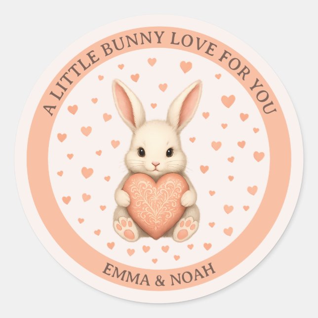 Sticker Rond Cute Little Bunny Love with Heart on Soft Blush (Devant)