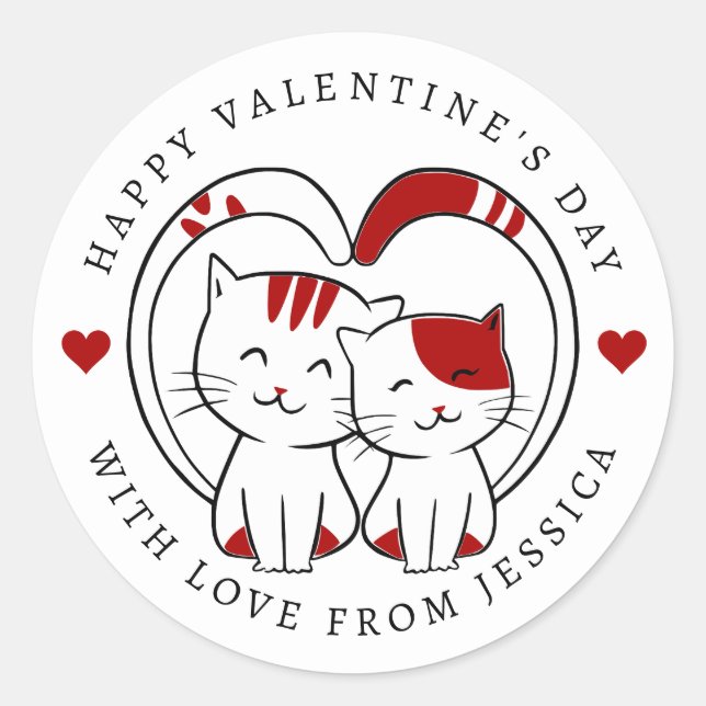 Sticker Rond Cute Little Cats Happy Valentine's Day (Devant)