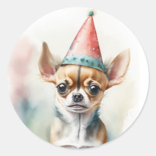 Sticker Rond Cute Little Chihuahua avec Casquette d'anniversair
