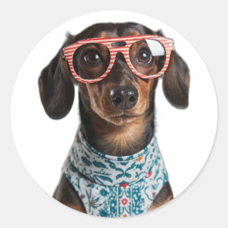 Sticker Rond Cute Little Dachshund With Red Glasses