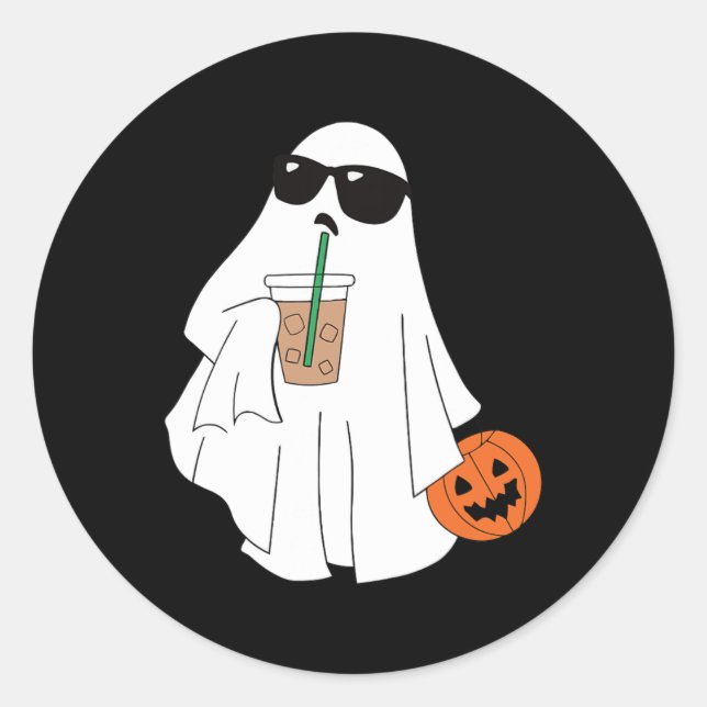 Sticker Rond Cute Little Ghost Boire Café Halloween Éffrayant (Devant)