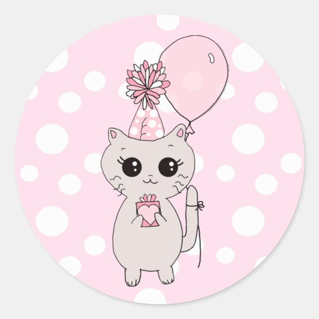 Sticker Rond Cute Little Kitten tenant Anniversaire Cadeau Ball (Devant)