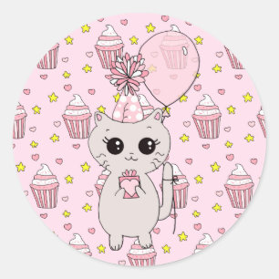 Sticker Rond Cute Little Kitten tenant Anniversaire Cadeau Ball