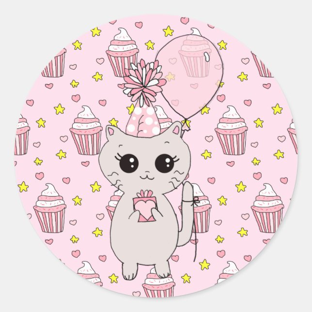 Sticker Rond Cute Little Kitten tenant Anniversaire Cadeau Ball (Devant)