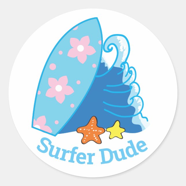 Sticker Rond Cute Little Surfer Dude Surfboard et Wave (Devant)