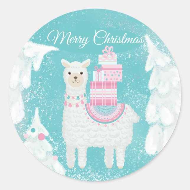 Sticker Rond Cute Llama avec cadeaux de Noël (Devant)