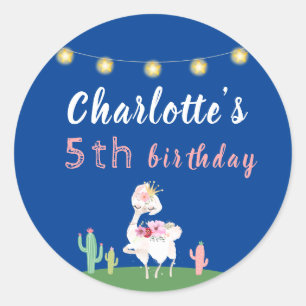 Sticker Rond Cute Llama Fun Dark Blue Anniversaire Party