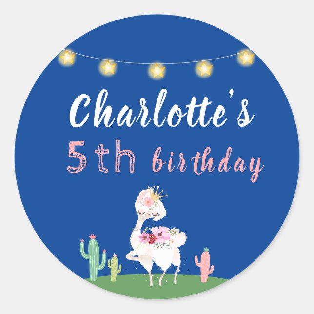 Sticker Rond Cute Llama Fun Dark Blue Anniversaire Party (Devant)