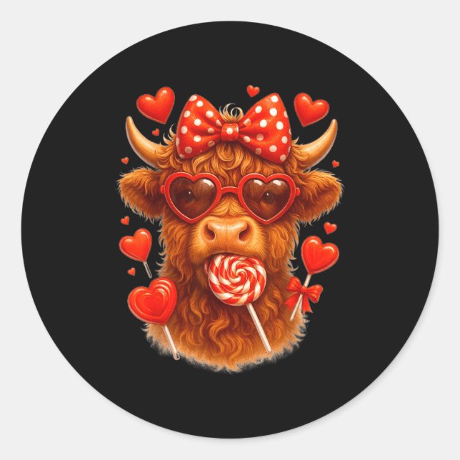 Sticker Rond Cute Lollip Highland Cow Valentine's Day Red Heart (Devant)