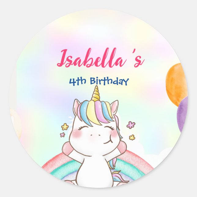 Sticker Rond Cute Magical Rainbow Unicorn Bonne fête d'annivers (Devant)
