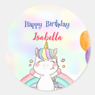 Sticker Rond Cute Magical Rainbow Unicorn Bonne fête d'annivers