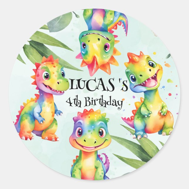 Sticker Rond Cute Magique Rainbow Dinosaur Bonne fête d'anniver (Devant)