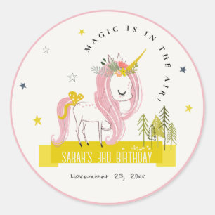 Sticker Rond Cute Magique Unicorn rose Jaune Anniversaire de en