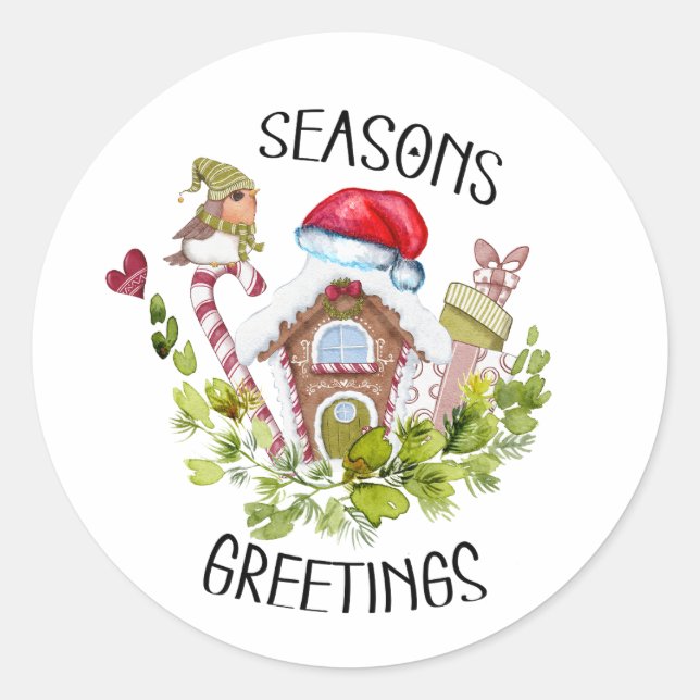 Sticker Rond Cute Maison en pain d'épices Noël Joyeuses Fêtes (Devant)