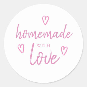 Sticker Rond Cute Maison Fabriquée Avec Amour Fuchsia Rose Blan