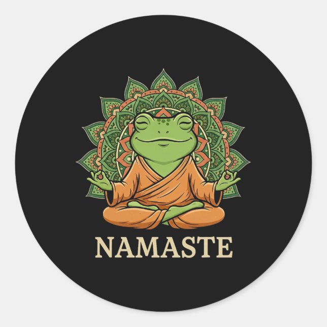 Sticker Rond Cute Meditating Frog Buddha Namaste Mandala Zen Mi (Devant)