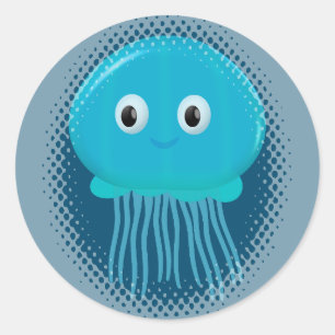 Sticker Rond Cute méduse Cartoon Dans L'Océan Bleu