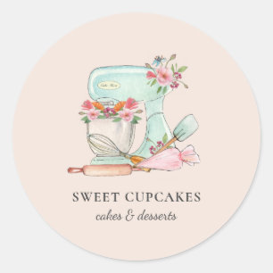 Sticker Rond Cute Mélangeur de cuisine avec fleurs Boulangerie