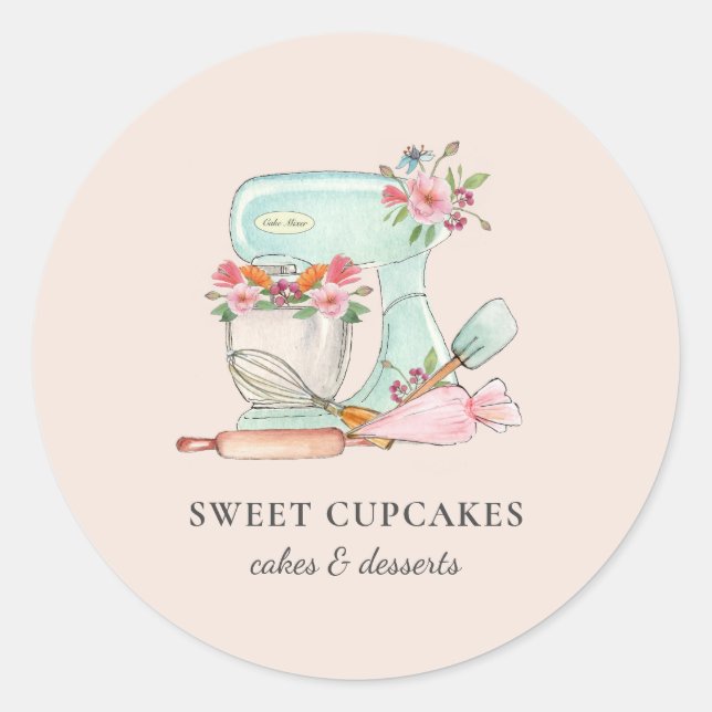 Sticker Rond Cute Mélangeur de cuisine avec fleurs Boulangerie (Devant)