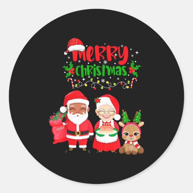Sticker Rond Cute Melanin Santa &amp; Mrs Claus Interracial Fam (Devant)