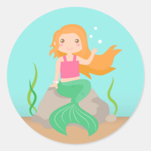 Sticker Rond Cute Mermaid under the sea, for Girls