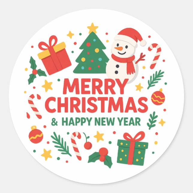 Sticker Rond Cute Merry Christmas & Happy New Year Snowman&tree (Devant)