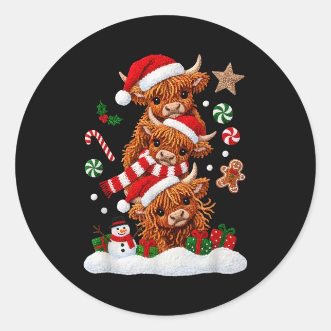 Sticker Rond Cute Merry Christmas Highland Cow Christmas Santa  (Devant)