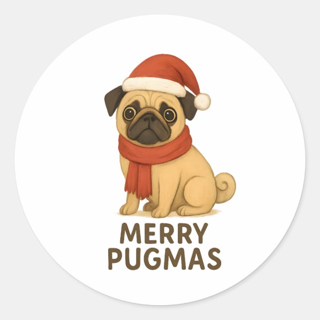 Sticker Rond Cute Merry Pugmas Festive Holiday Pug (Devant)