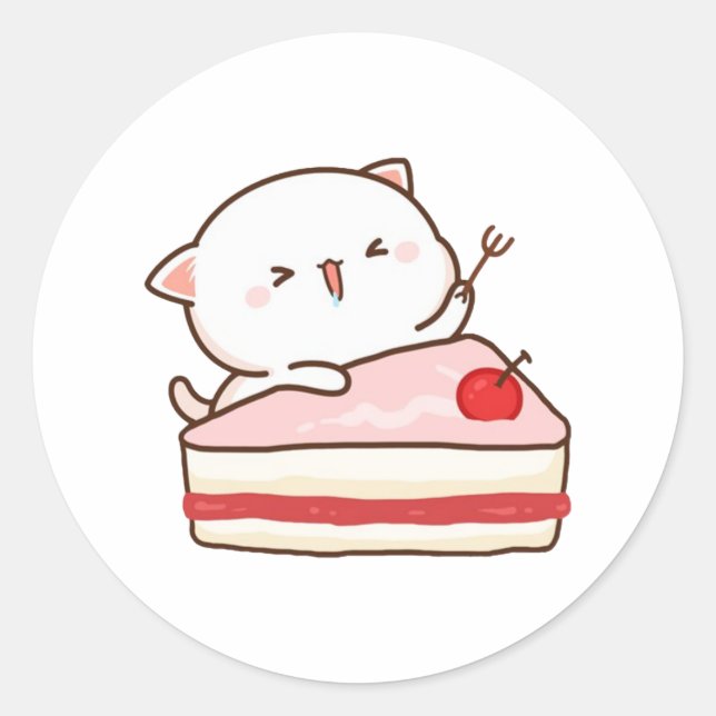 Sticker Rond Cute Mochi Peach Chat Aime Le Gâteau (Devant)