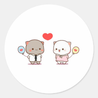 Sticker Rond Cute Mochi Peach Chat, Joyeuse Saint Valentin