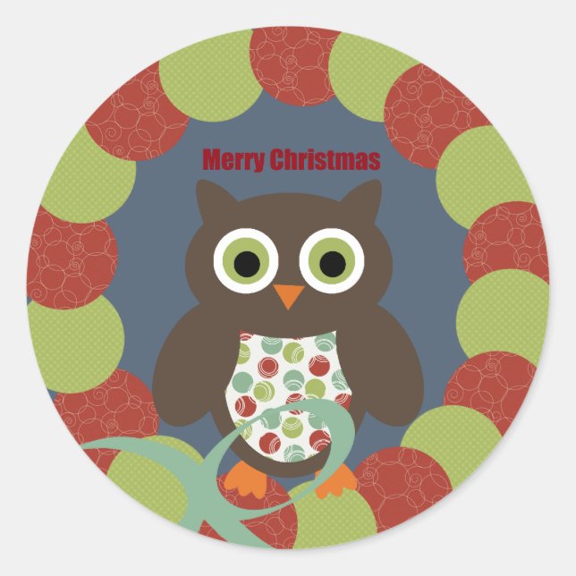 Sticker Rond Cute Modern Owl Wreath Joyeux cadeaux de Noël (Devant)