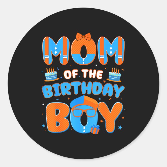 Sticker Rond Cute Mom Of The Birthday Boy Matching Blue Orange  (Devant)