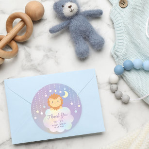 Sticker Rond Cute Moon et Stars Lion Cub Baby shower Merci