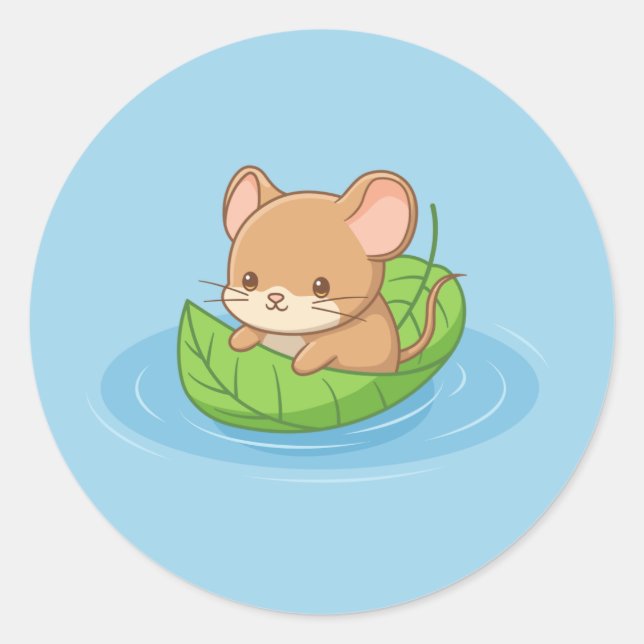 Sticker Rond Cute Mouse in a Leaf Boat Blue (Devant)