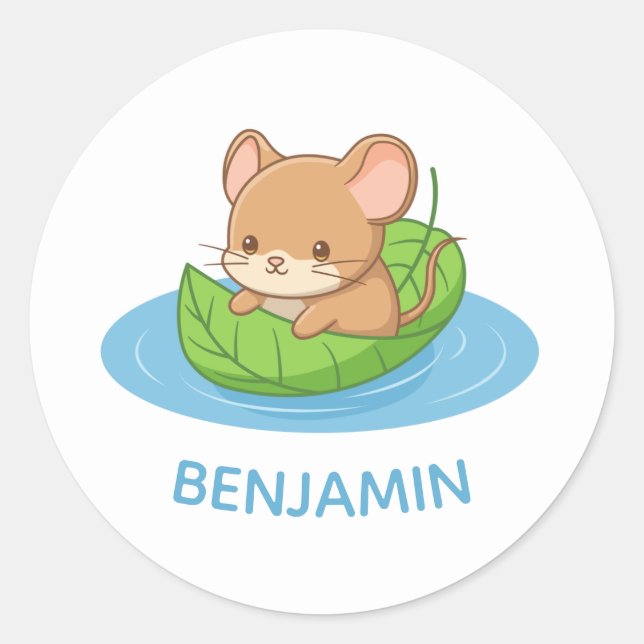 Sticker Rond Cute Mouse in a Leaf Boat Custom Name (Devant)