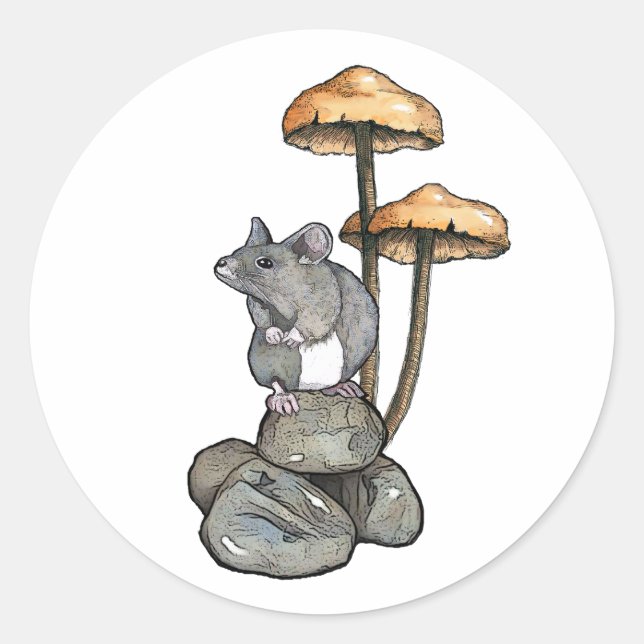 Sticker Rond Cute Mouse Standing on Rocks, with Mushrooms (Devant)