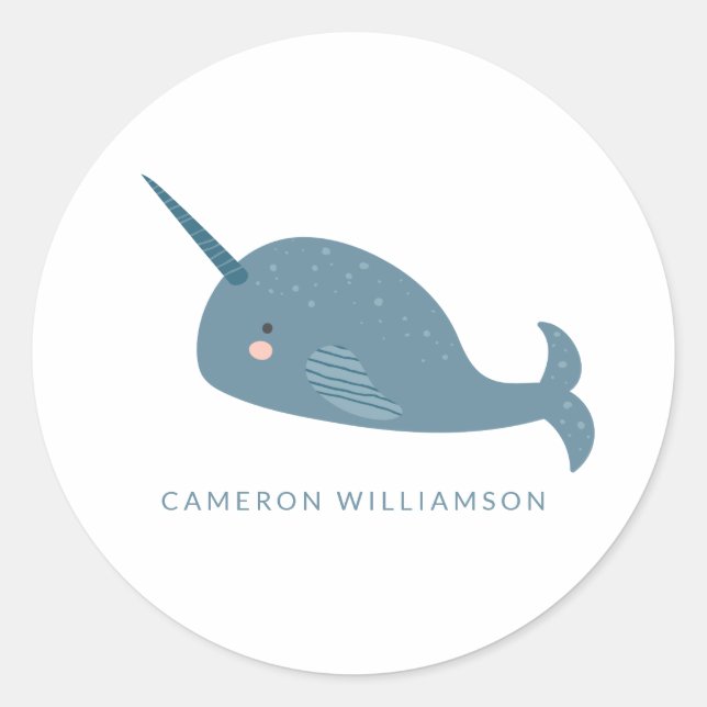 Sticker Rond Cute Narwhal en bleu Personnalisé (Devant)