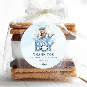 Sticker Rond Cute Nautical Blue Boat Teddy Bear Boat Baby showe