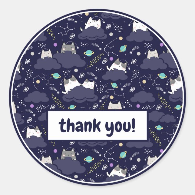 Sticker Rond Cute Navy Blue Space Kawaii Chats KittensMerci (Devant)