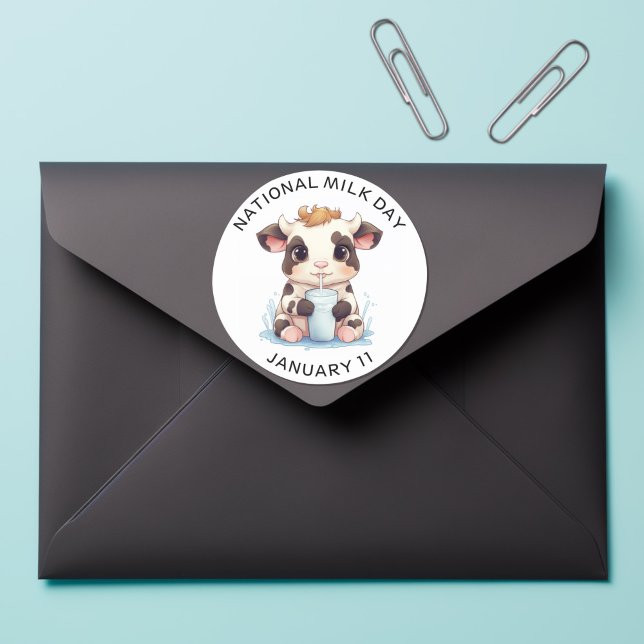 Sticker Rond Cute Noir & Blanc Kawaii Bébé Vache Boire Lait (Créateur téléchargé)