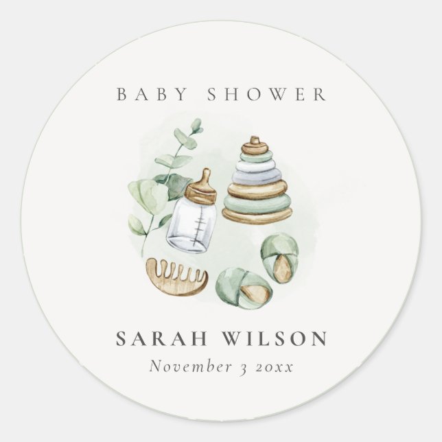 Sticker Rond Cute Nursery Essential Baby shower vert feuille (Devant)