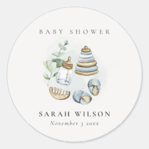 Sticker Rond Cute Nursery Essential Leafy Blue Boy Baby shower