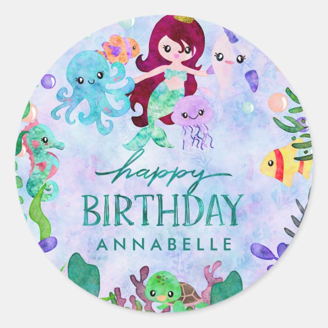 Sticker Rond Cute Ocean Animals Mermaid Thème Joyeux Anniversai (Devant)