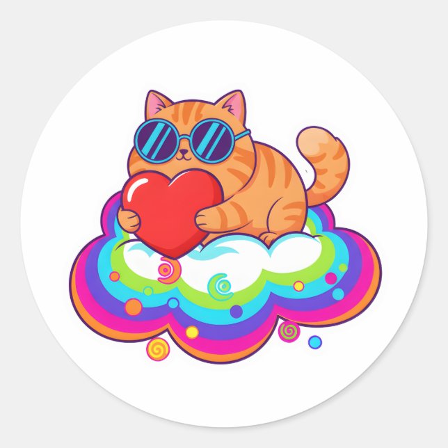 Sticker Rond Cute Orange Cat Holding Red Heart on Rainbow Cloud (Devant)