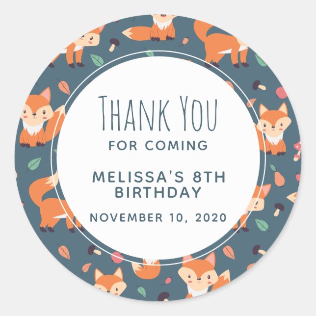 Sticker Rond Cute Orange Fox Animal Motif Anniversaire Merci (Devant)