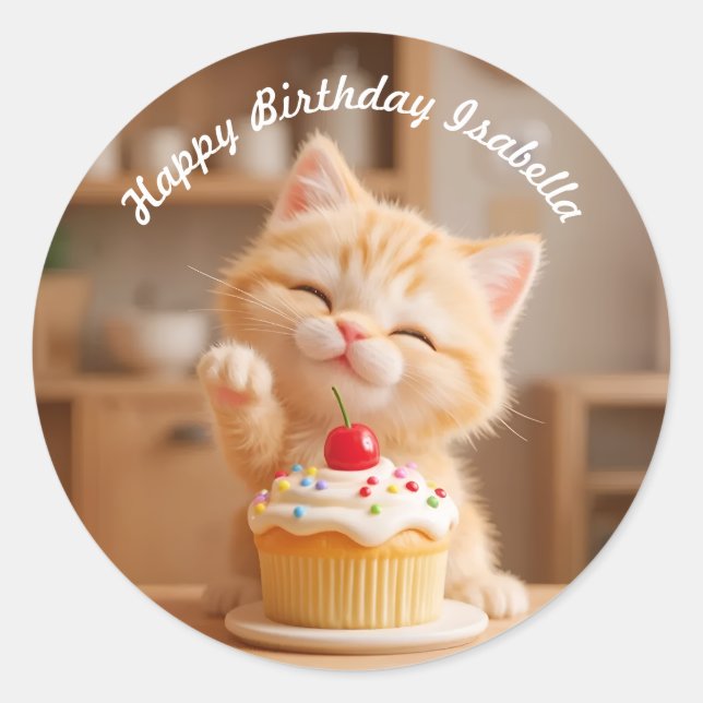 Sticker Rond Cute Orange Kitten avec un Cupcake (Devant)