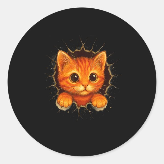 Sticker Rond Cute Orange Kitten Cracks Mug Wall Funny Cat Lover (Devant)