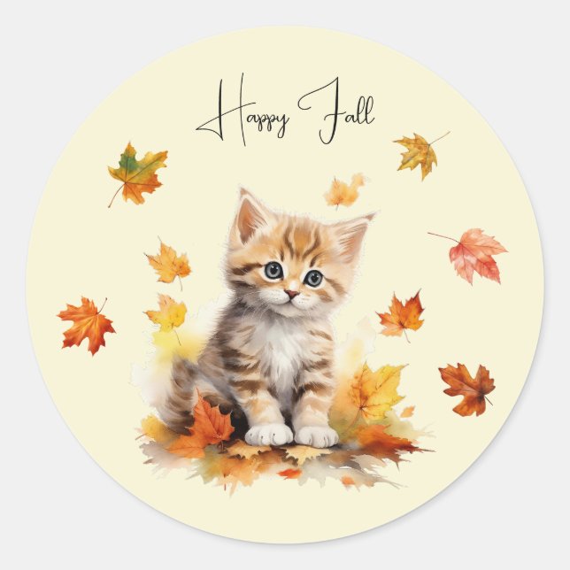 Sticker Rond Cute Orange Tabby Kitten dans les feuilles d'autom (Devant)